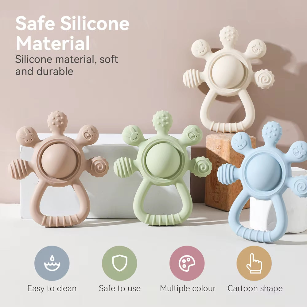 Silicone Teether,Food Grade Baby 0-12 Toys,Teething Rattle Sensory Toys for Toddlers,Silicone Hand Bell,Silicone Soothing Toys