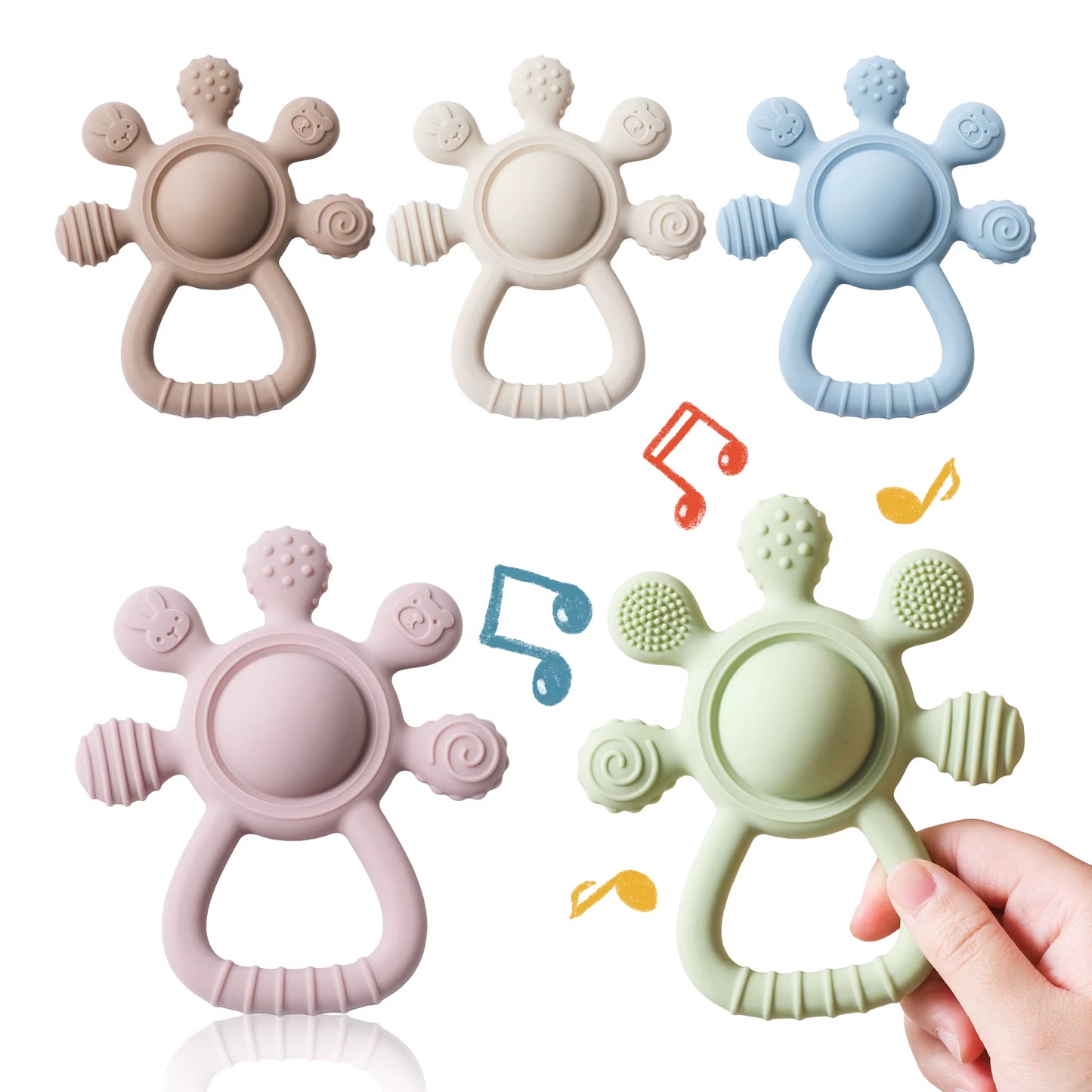 Silicone Teether,Food Grade Baby 0-12 Toys,Teething Rattle Sensory Toys for Toddlers,Silicone Hand Bell,Silicone Soothing Toys