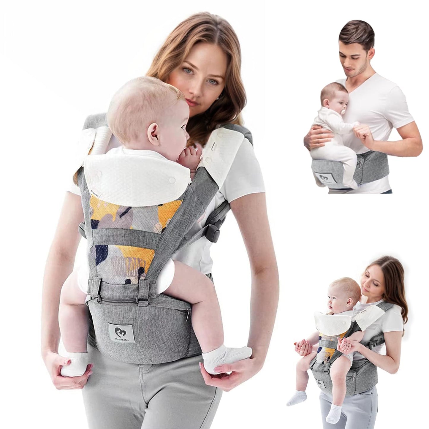Babytrage, All-In-One Babytrage Für Neugeborene Ab Geburt, Babys & Kleinkinder (0-36Monate), Verstellbarer Sitz, Baby-Tragetasche 3 Trage Positionen(Grau)