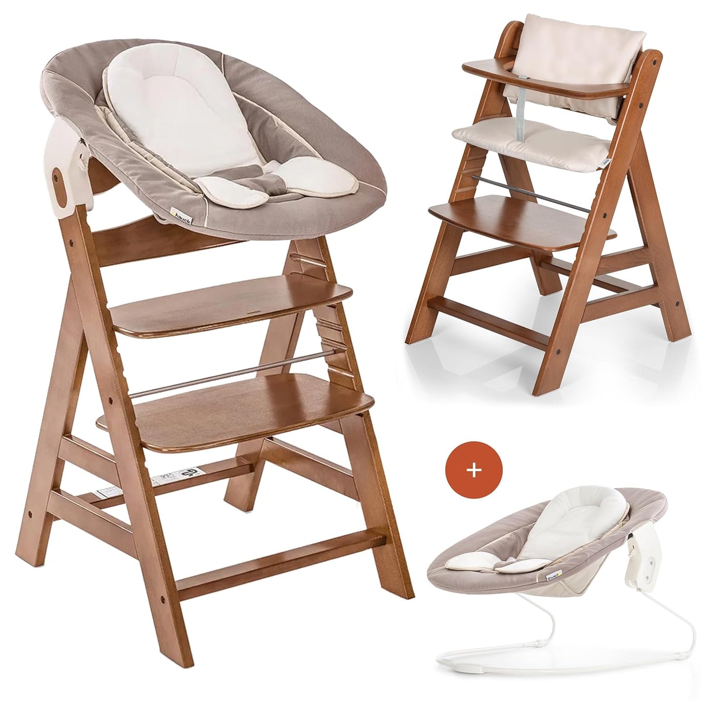 Hauck Hochstuhl Alpha plus Newborn Set Mit 2In1 Bouncer - Mitwachsender Holz Babyhochstuhl Ab Geburt, Inkl. Sitzauflage & Neugeborenenaufsatz - Charcoal
