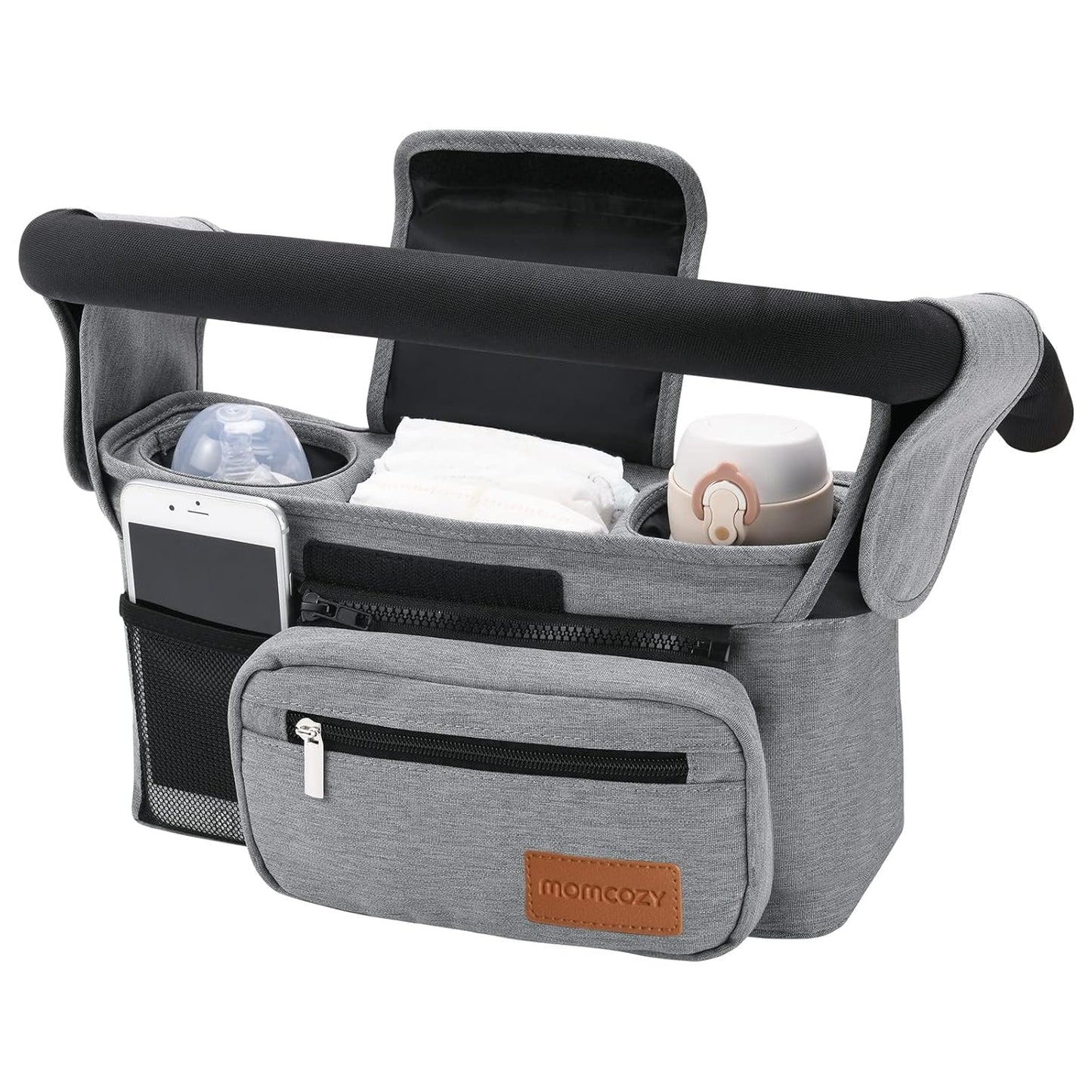 Universal Stroller Organizer with Insulated Cup Holder Detachable Phone Bag & Shoulder Strap, Fits for Stroller like Uppababy, Baby Jogger, Britax, BOB, Umbrella and Pet Stroller