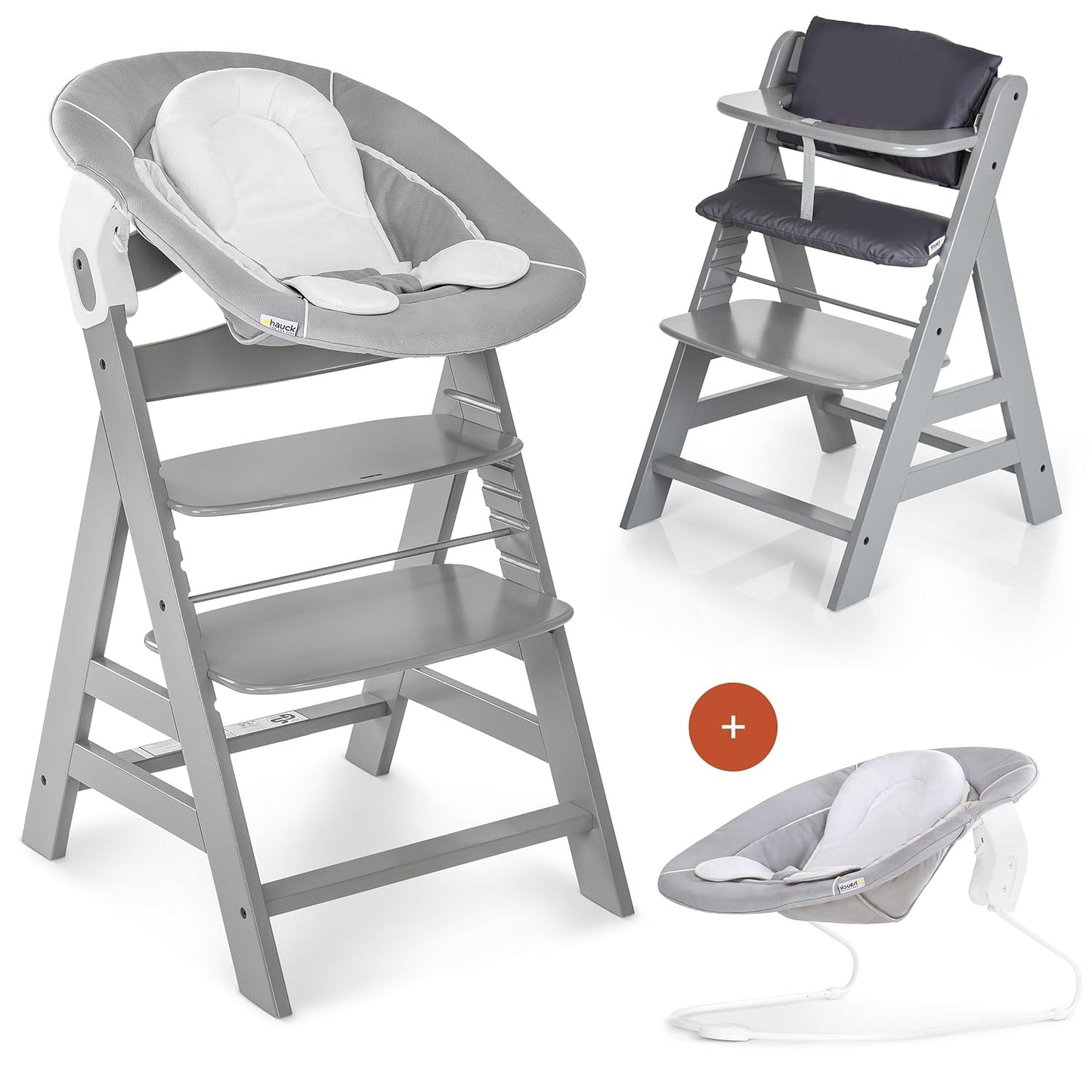 Hauck Hochstuhl Alpha plus Newborn Set Mit 2In1 Bouncer - Mitwachsender Holz Babyhochstuhl Ab Geburt, Inkl. Sitzauflage & Neugeborenenaufsatz - Charcoal