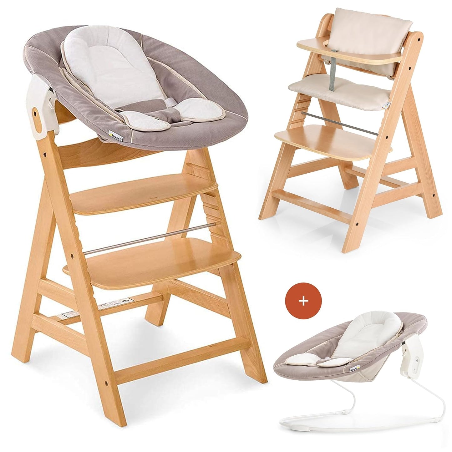 Hauck Hochstuhl Alpha plus Newborn Set Mit 2In1 Bouncer - Mitwachsender Holz Babyhochstuhl Ab Geburt, Inkl. Sitzauflage & Neugeborenenaufsatz - Charcoal
