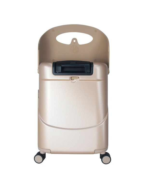 Kinderkoffer met Zitje – 4-Wiel Carry-on, Veiligheidsgordel, Waterdicht Vak, 43L Capaciteit – Champagne Goud