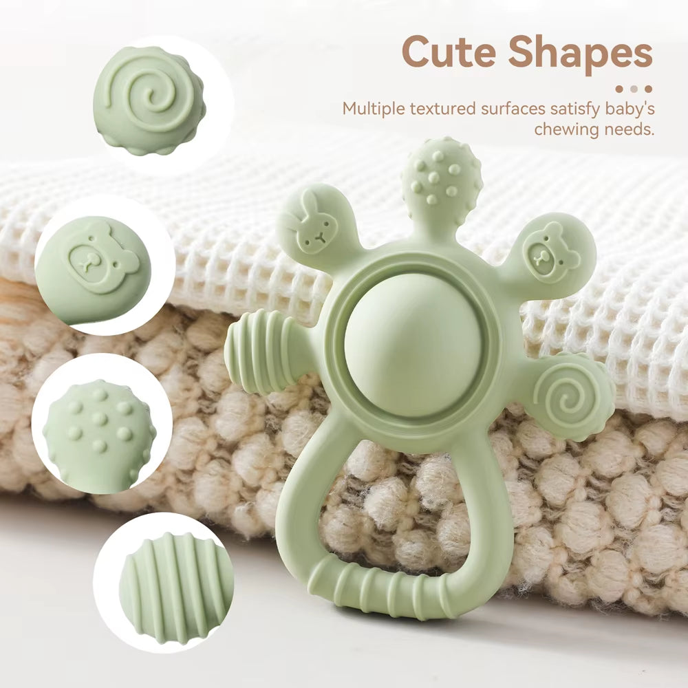 Silicone Teether,Food Grade Baby 0-12 Toys,Teething Rattle Sensory Toys for Toddlers,Silicone Hand Bell,Silicone Soothing Toys