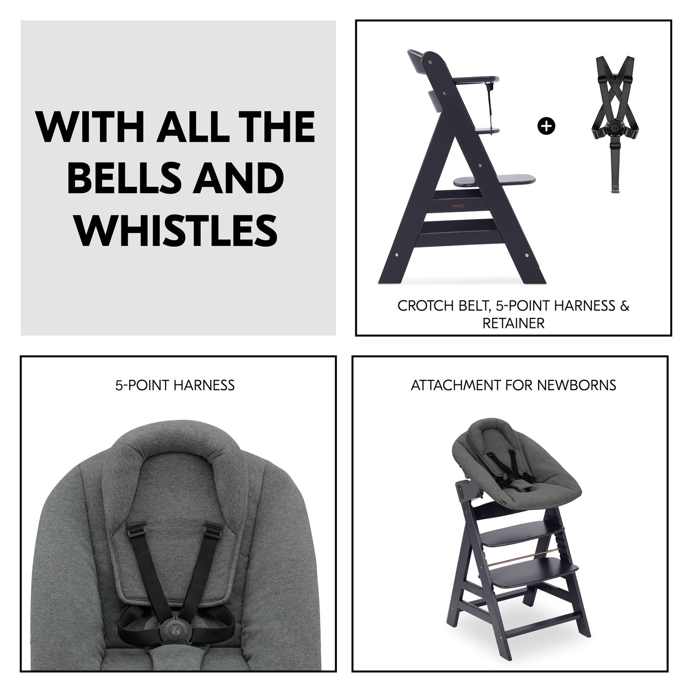 Hauck Hochstuhl Alpha plus Newborn Set Mit 2In1 Bouncer - Mitwachsender Holz Babyhochstuhl Ab Geburt, Inkl. Sitzauflage & Neugeborenenaufsatz - Charcoal