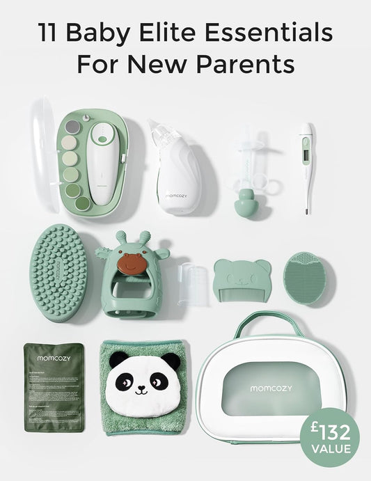 Momcozy Elite Baby Kit, Premium Baby Shower & Erstausstattungs-Set, Für Pflege & Gesundheit & Reinigung, Elektrische Nagelfeile & Nasensauger, Wärmegürtel, Thermometer, Badebürste, Beißring, Tasche