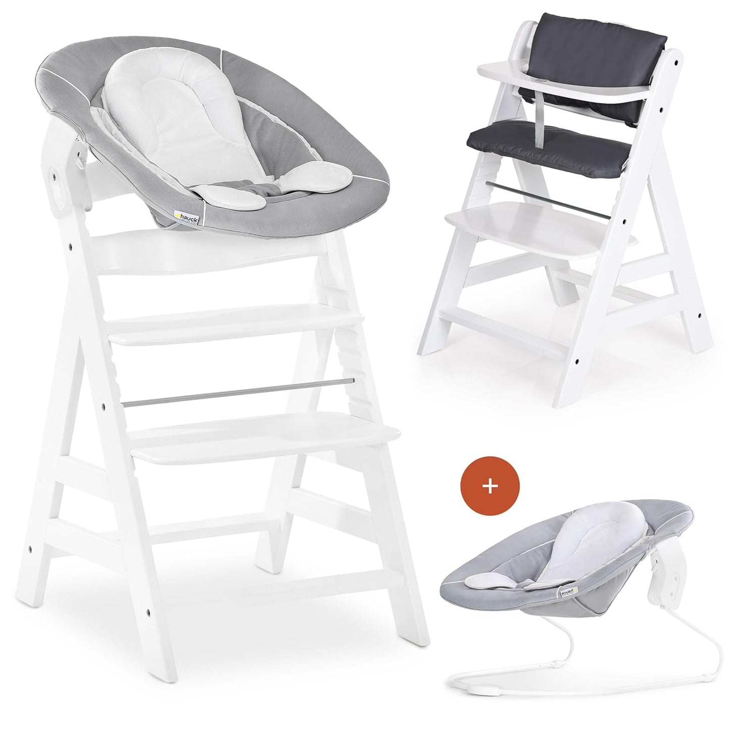 Hauck Hochstuhl Alpha plus Newborn Set Mit 2In1 Bouncer - Mitwachsender Holz Babyhochstuhl Ab Geburt, Inkl. Sitzauflage & Neugeborenenaufsatz - Charcoal