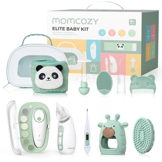 Momcozy Elite Baby Kit, Premium Baby Shower & Erstausstattungs-Set, Für Pflege & Gesundheit & Reinigung, Elektrische Nagelfeile & Nasensauger, Wärmegürtel, Thermometer, Badebürste, Beißring, Tasche