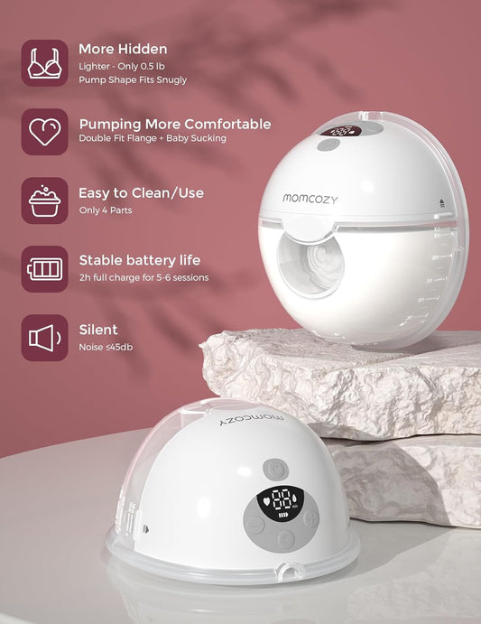 M5 Hands-Free Wearable Breast Pump, Double-Sealed Flange for Baby-Like Comfort, 3 Modes & 9 Suction Levels, Portable Electric Pump – 24Mm, 2-Pack Quill Gray