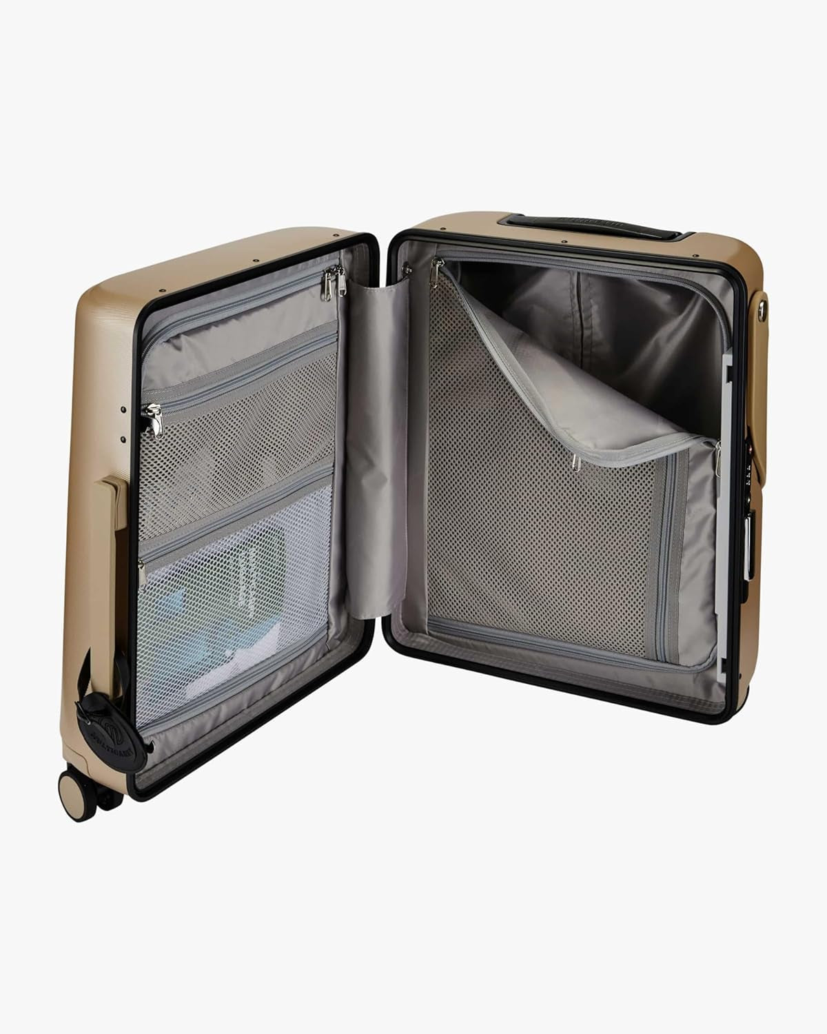 4-Wheel Carry on Luggage with Seat for Kids with Seat Belt, Waterproof Pocket, Adjustable Handle, and Hard Body with 43 Liter Capacity, Champagne Gold