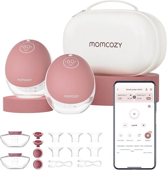 Momcozy Freihändige Milchpumpe Mobile Flow | M9 Upgrade, Elektrisch & App-Steuerung, Personalisierte Multi-Modi & 15 Stufen, Tragbare Pumpe, 24 Mm (Rot, 2 Stück)