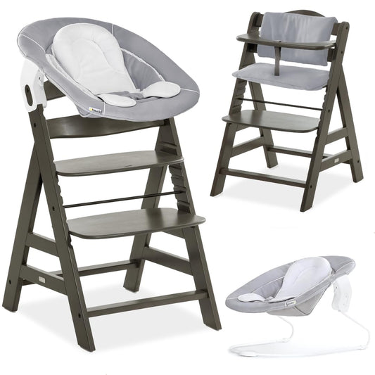 Hauck Hochstuhl Alpha plus Newborn Set Mit 2In1 Bouncer - Mitwachsender Holz Babyhochstuhl Ab Geburt, Inkl. Sitzauflage & Neugeborenenaufsatz - Charcoal