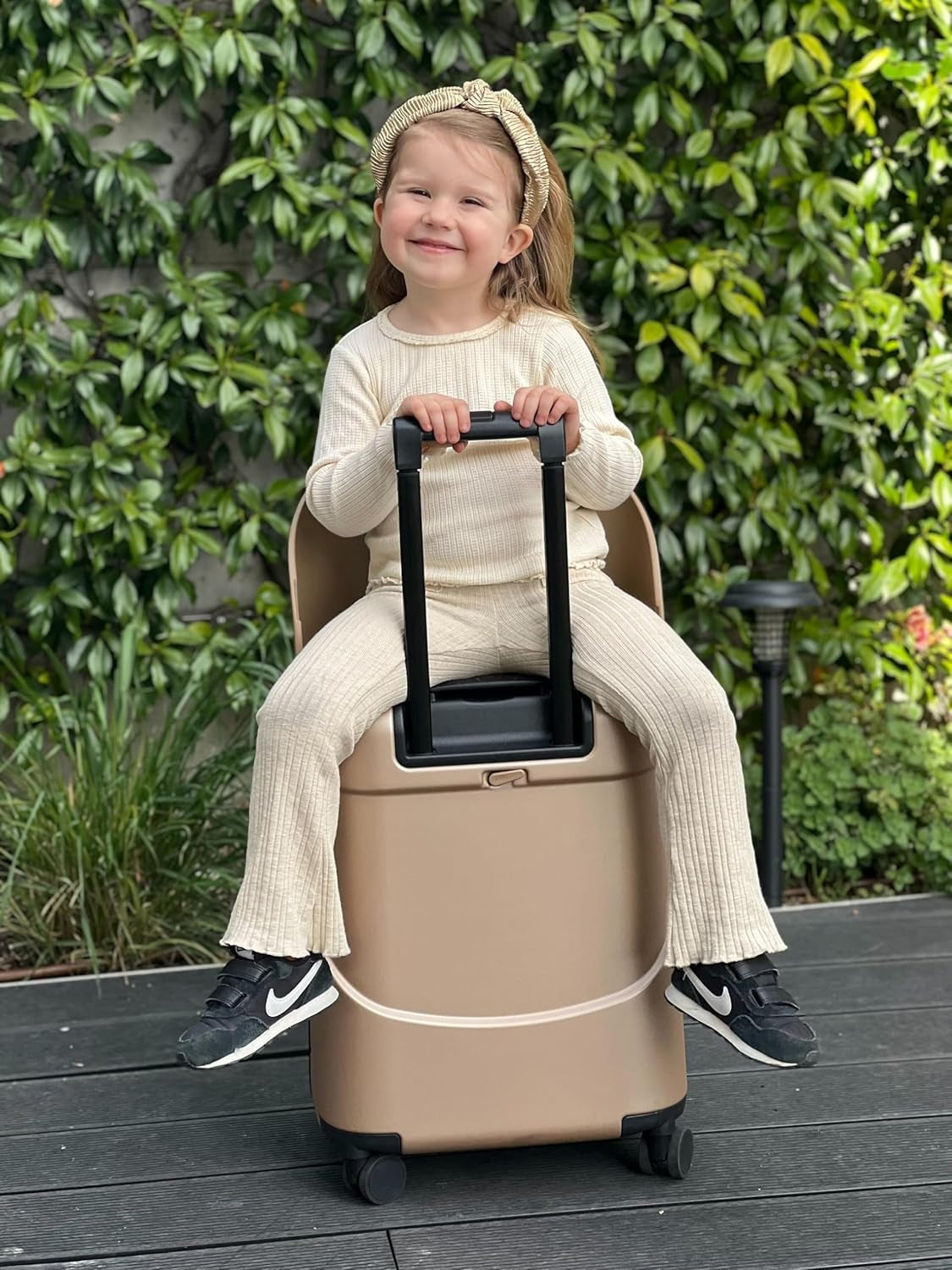 4-Wheel Carry on Luggage with Seat for Kids with Seat Belt, Waterproof Pocket, Adjustable Handle, and Hard Body with 43 Liter Capacity, Champagne Gold