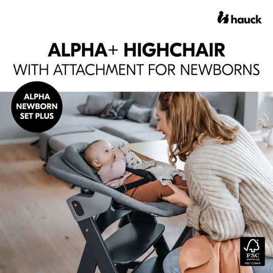 Hauck Hochstuhl Alpha plus Newborn Set Mit 2In1 Bouncer - Mitwachsender Holz Babyhochstuhl Ab Geburt, Inkl. Sitzauflage & Neugeborenenaufsatz - Charcoal
